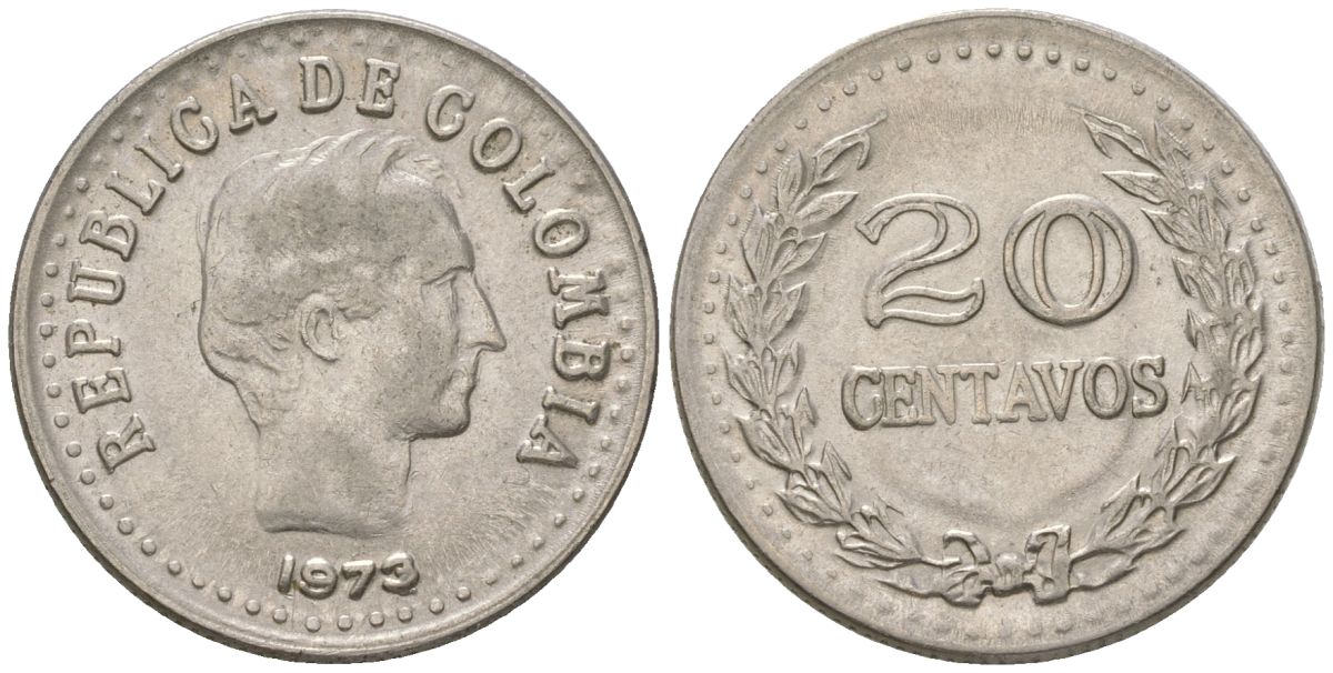 Колумбия 20 сентаво 1973 KM 246 сталь плакированная никелем 4401-225