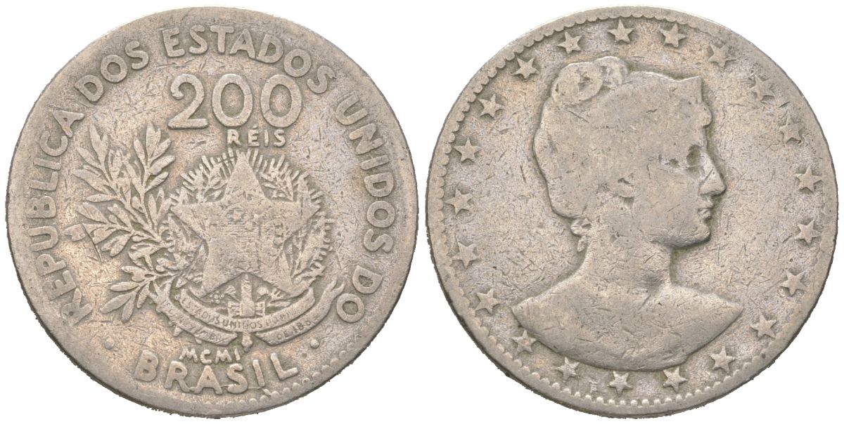 Бразилия 200 реалов 1901 MCMI, голова свободы вправо KM 504 медно-никель 4612-147