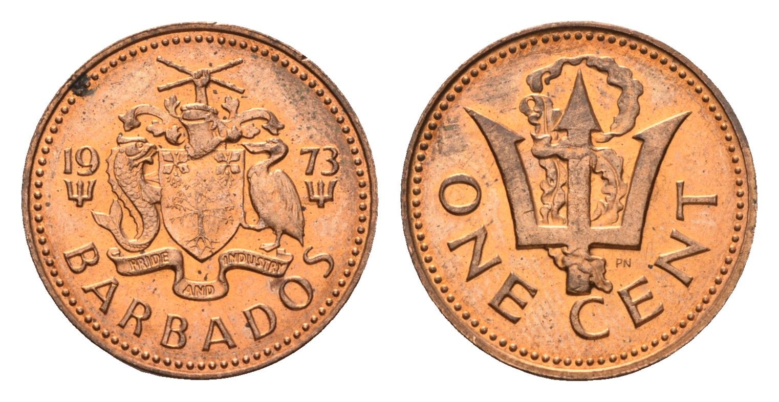 Барбадос 1 цент 1973 сломанный трезубец Британии KM 10 бронза UNC 4649-753