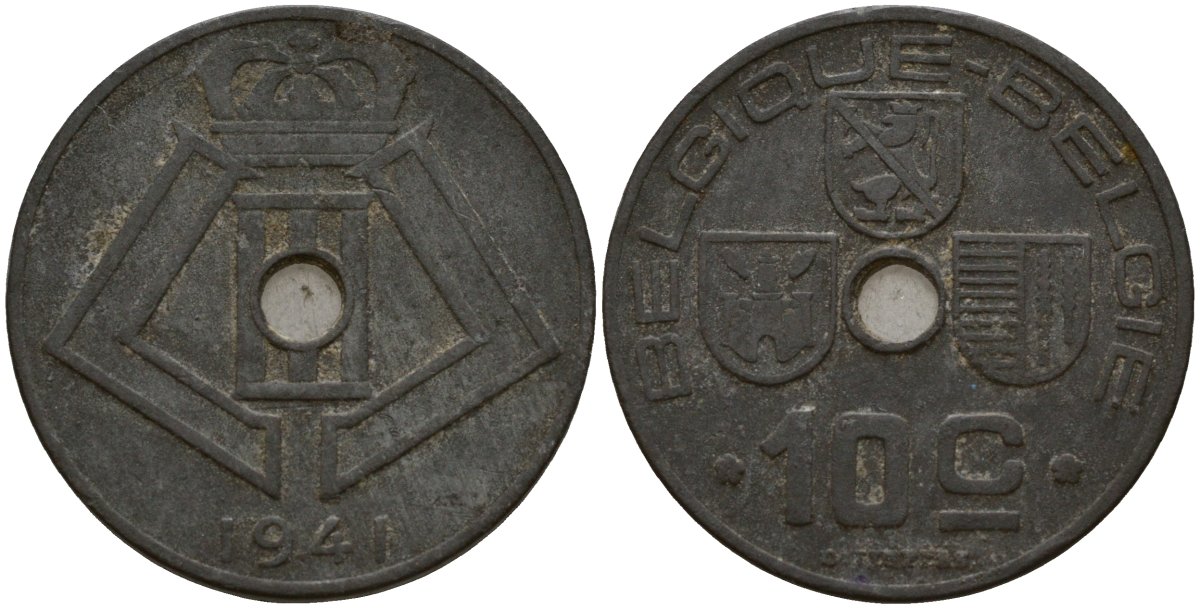 Бельгия 10 сантимов 1941 Belgique - Belgie, Леопольд III (1934-1947), германская оккупация, Вторая мировая война KM 125 цинк 4161-313