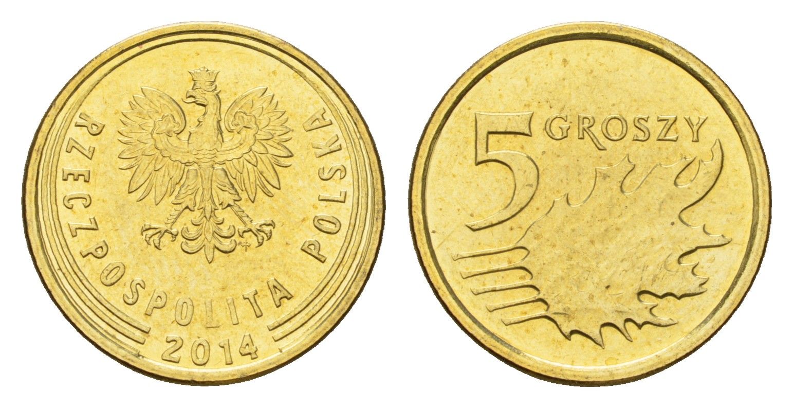Польша 5 грошей 2014 Y 925 сталь плакированная латунью UNC 4615-539