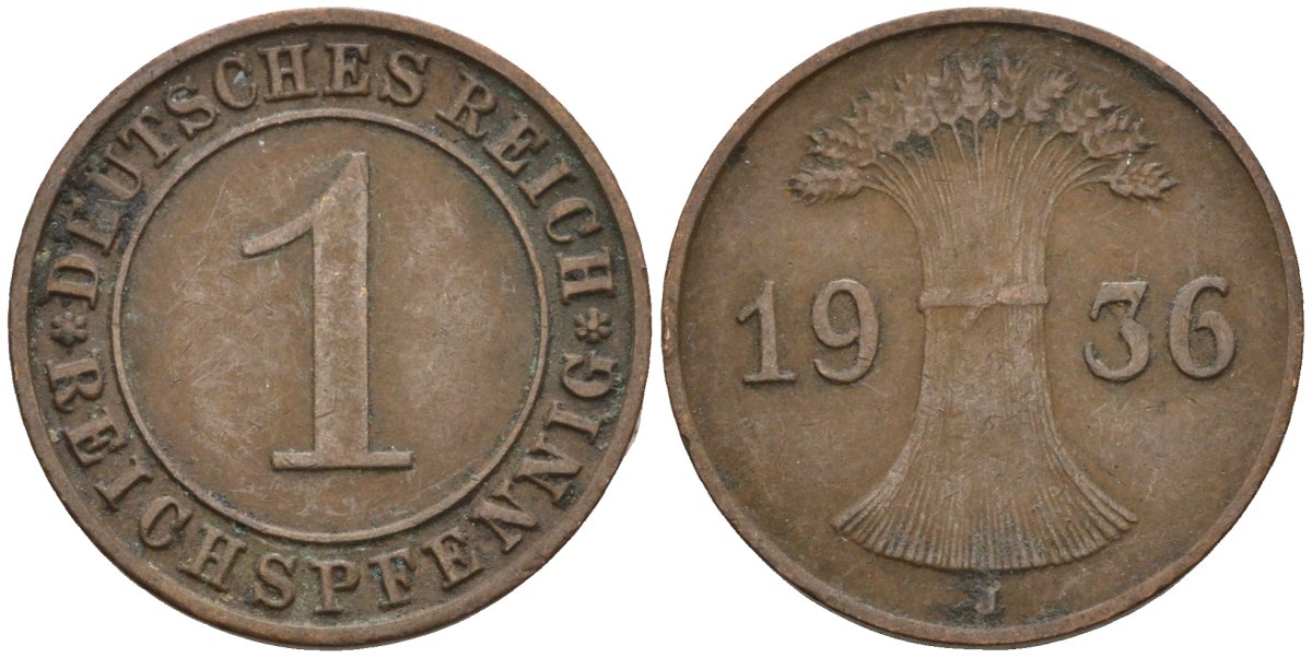 Германия 1 рейхспфенниг 1936 J KM 37, J. 313 бронза 4516-1026