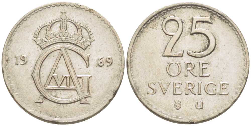 Швеция 25 эре 1969 U, Густав VI Адольф (1950-1973) KM 836 медно-никель 214-552