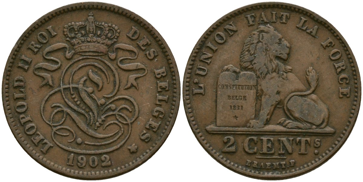 Бельгия 2 сантима 1902 Belges KM 35 медь 4135-951