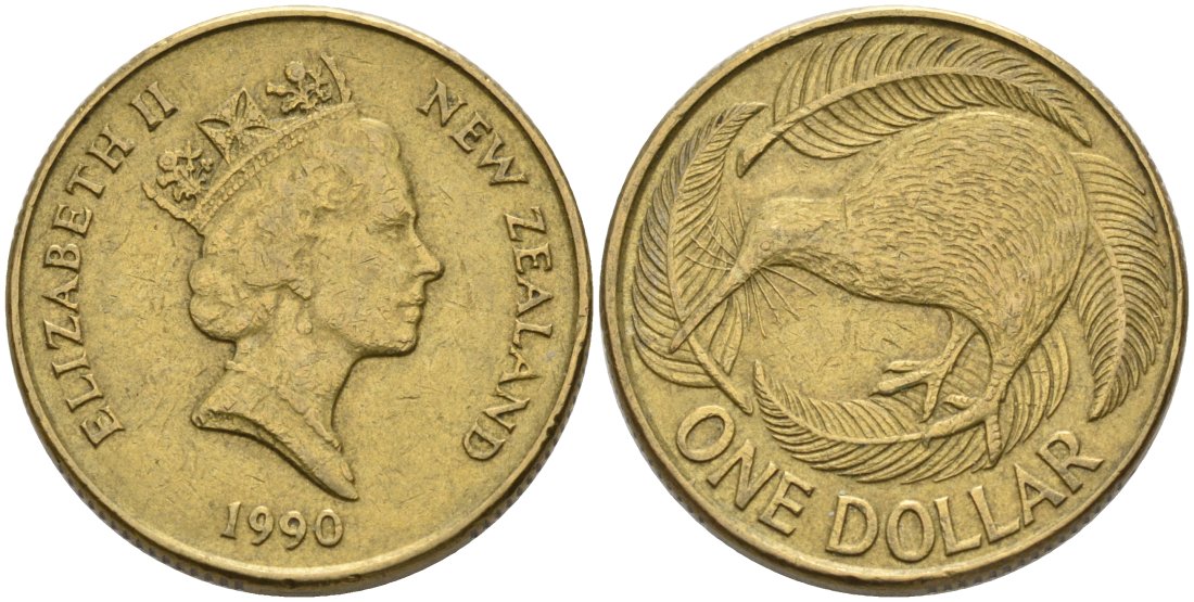 Новая Зеландия 1 доллар 1990 Елизавета II (1952-2022), птица киви KM 78 алюминиевая бронза 29-416