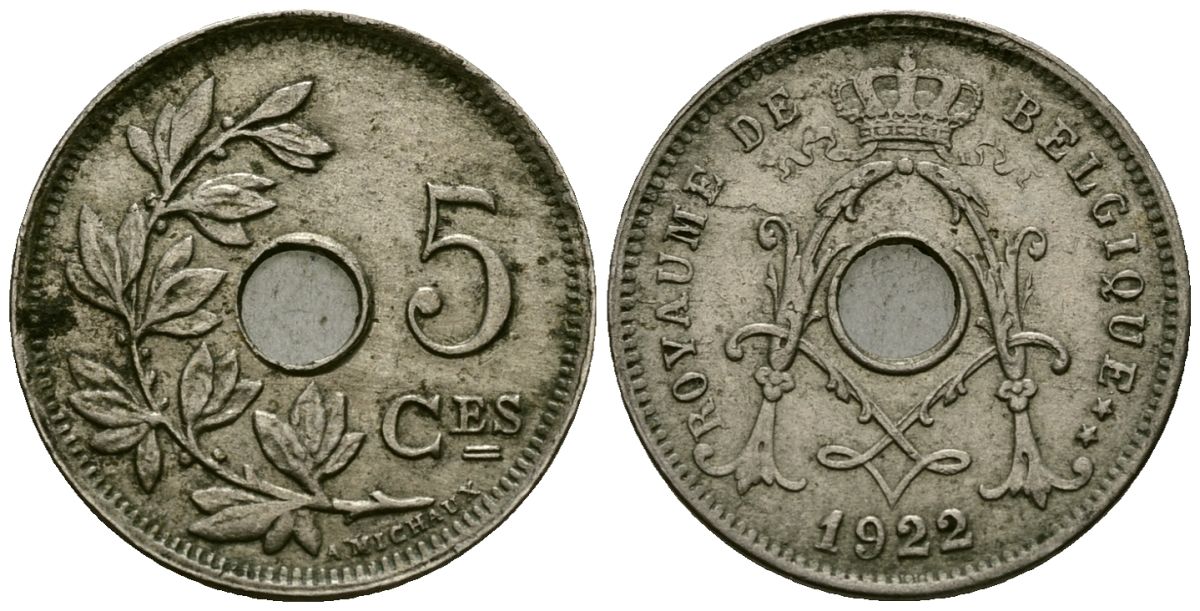 Бельгия 5 сантимов 1922 Belgique KM 66 медно-никель 4173-469