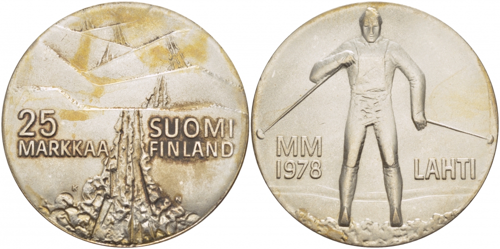 Финляндия 25 марок 1978 K-N, 21 Чемпионат мира по лыжным видам спорта 1978 в Лахти KM 56 серебро UNC 1515-1311