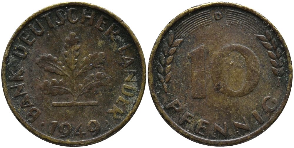 ФРГ 10 ПФЕННИГОВ 1949 D KM 103, J.378 сталь плакированная латунью 98-352