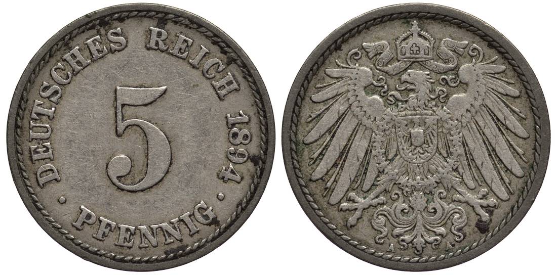 ГЕРМАНИЯ 5 ПФЕННИГОВ 1894 A KM 11, Jager 12, Weege 6 медно-никель 4547-338