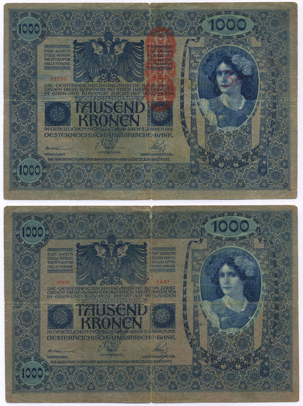 АВСТРИЯ 1000 КРОН 1919 КРАСНАЯ ВЕРТИКАЛЬНАЯ НАДПЕЧАТКА НА 1902 Pick 59 бумага 8564-40-1