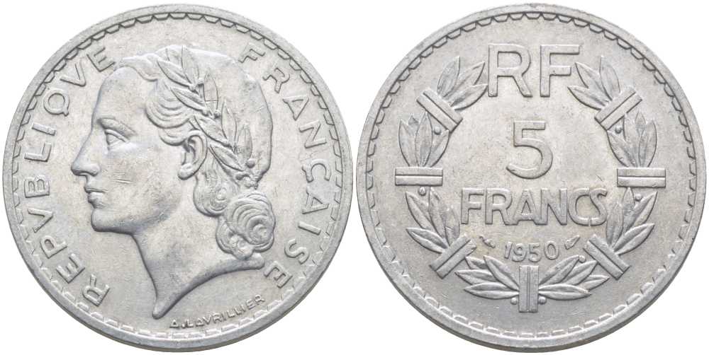 ФРАНЦИЯ 5 ФРАНКОВ 1950 KM 888b.1, LE FRANC 339.20 алюминий 111-1132
