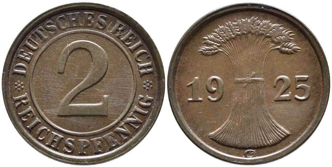 ГЕРМАНИЯ 2 РЕЙХСПФЕННИГА 1925 G, ВЕЙМАРСКАЯ РЕСПУБЛИКА (1919-1933) KM 38, Jager 314, Weege 4 бронза 4546-841