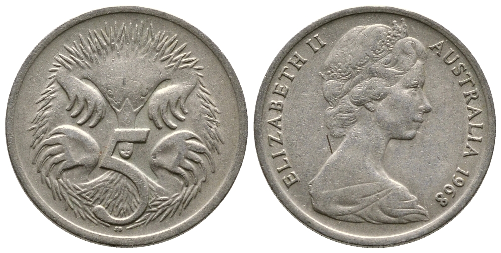 АВСТРАЛИЯ 5 ЦЕНТОВ 1968 ЕЛИЗАВЕТА II, МОЛОДОЙ ПОРТРЕТ, ЕХИДНА KM 64 медно-никель 84-427