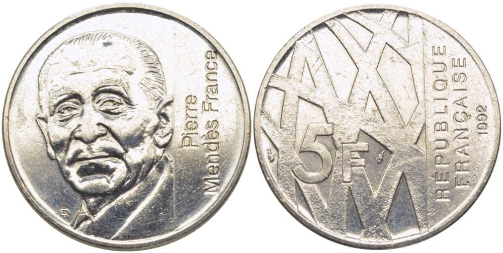 Франция 5 франков 1992 Пьер Мендес-Франс KM 1006, LE FRANC 343.2 медно-никель 111-1211