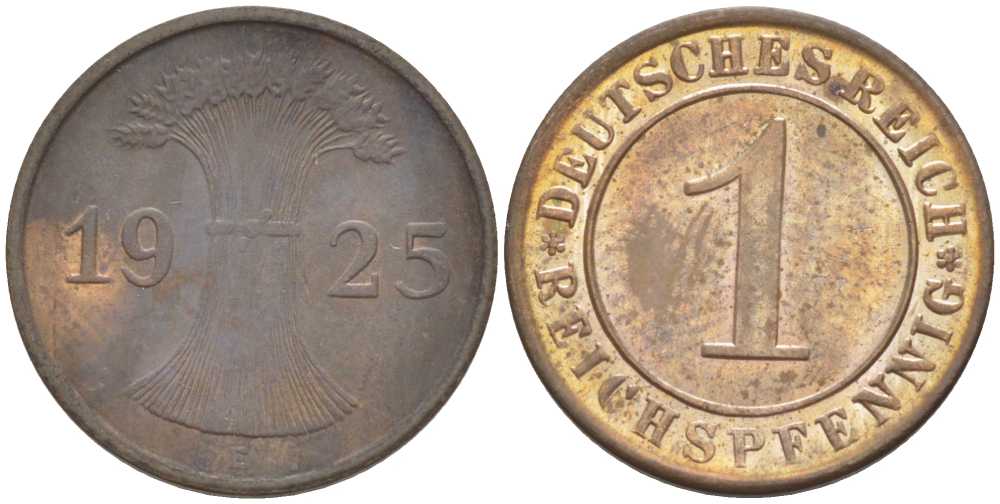 ГЕРМАНИЯ 1 РЕЙХСПФЕННИГ 1925 E KM 37, J. 313, Weege 2 бронза 206-821