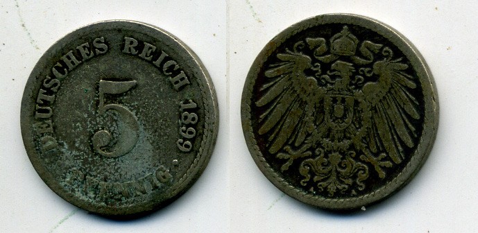 ГЕРМАНИЯ 5 ПФЕННИГОВ 1899 A, KM 11, J. 12 медно-никель 58-426