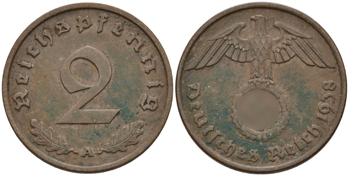 Германия 2 рейхспфеннига 1938 A KM 90, J. 362 бронза 4147-1259