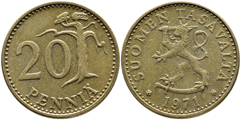 Финляндия 20 пенни 1971 S KM 47 алюминиевая бронза 4622-334