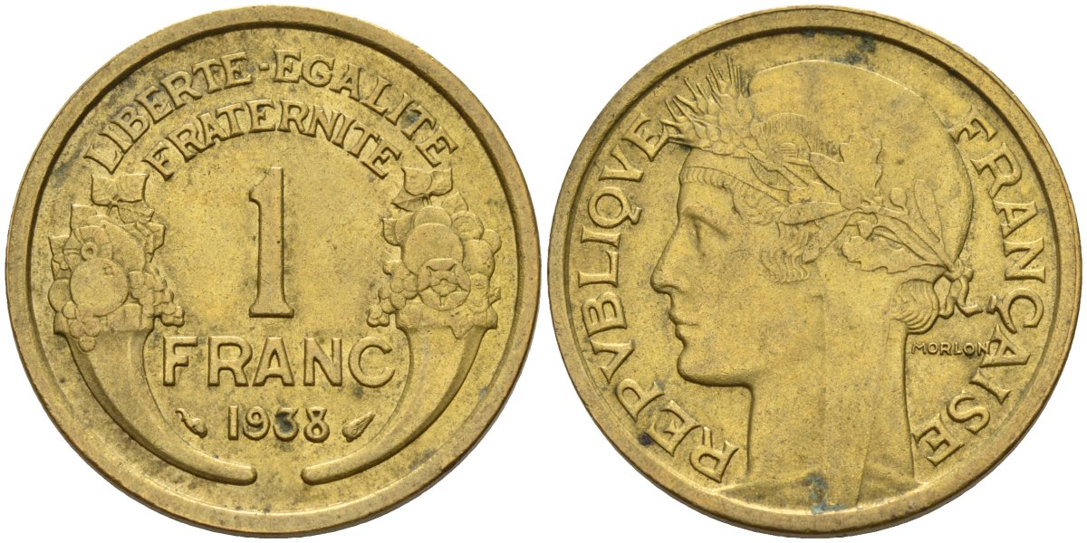 Франция 1 франк 1938 KM 885, Le Franc 219.2 алюминиевая бронза 4142-852