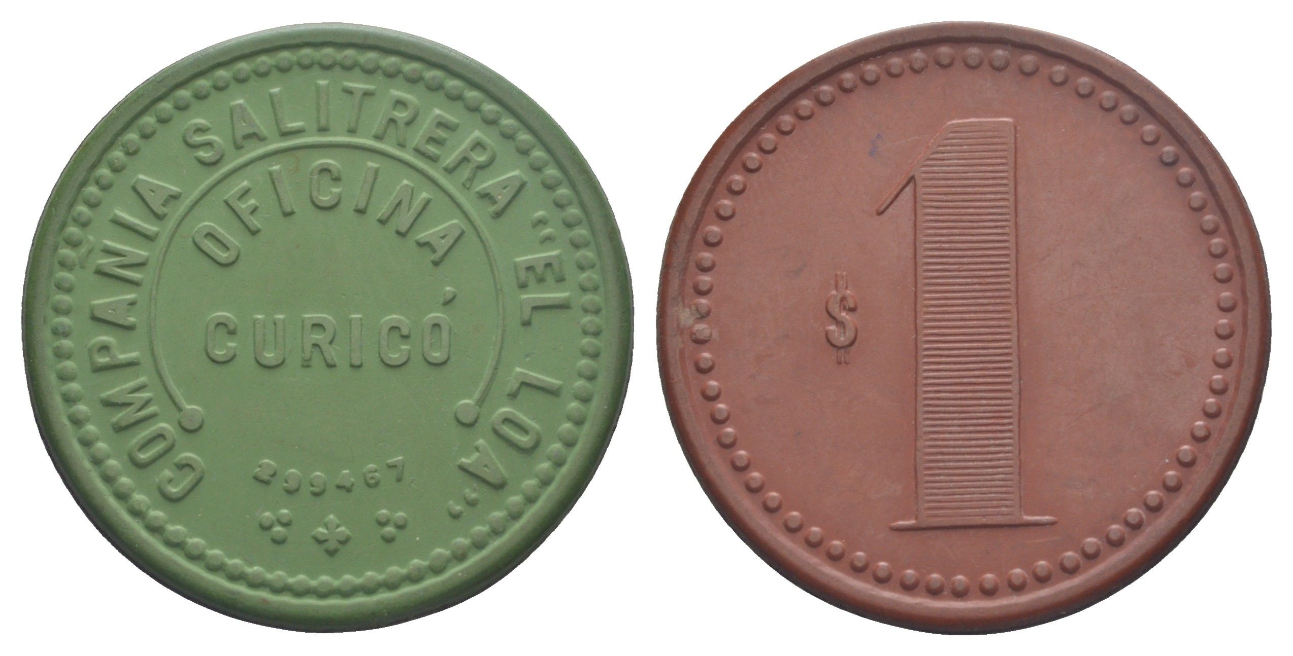 Чили, Курико (Curico), Антофагаста шахтерский жетон с Селитряного рудника для покупки в местных магазинах, номиналом в 1 песо 1880-1920 диаметр 41 мм, вес 5,69 гр Espinosa 86.4 эбонит (зеленый и красный) 1094-11-64