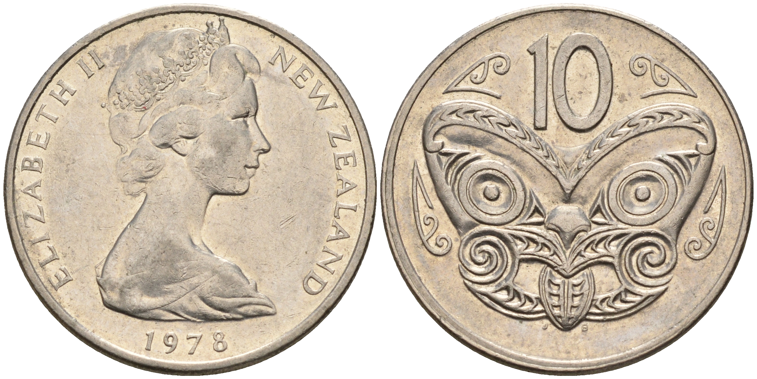 Новая Зеландия 10 центов 1978 Елизавета II (1952-2022), маска маори KM 41.1 медно-никель 4603-254