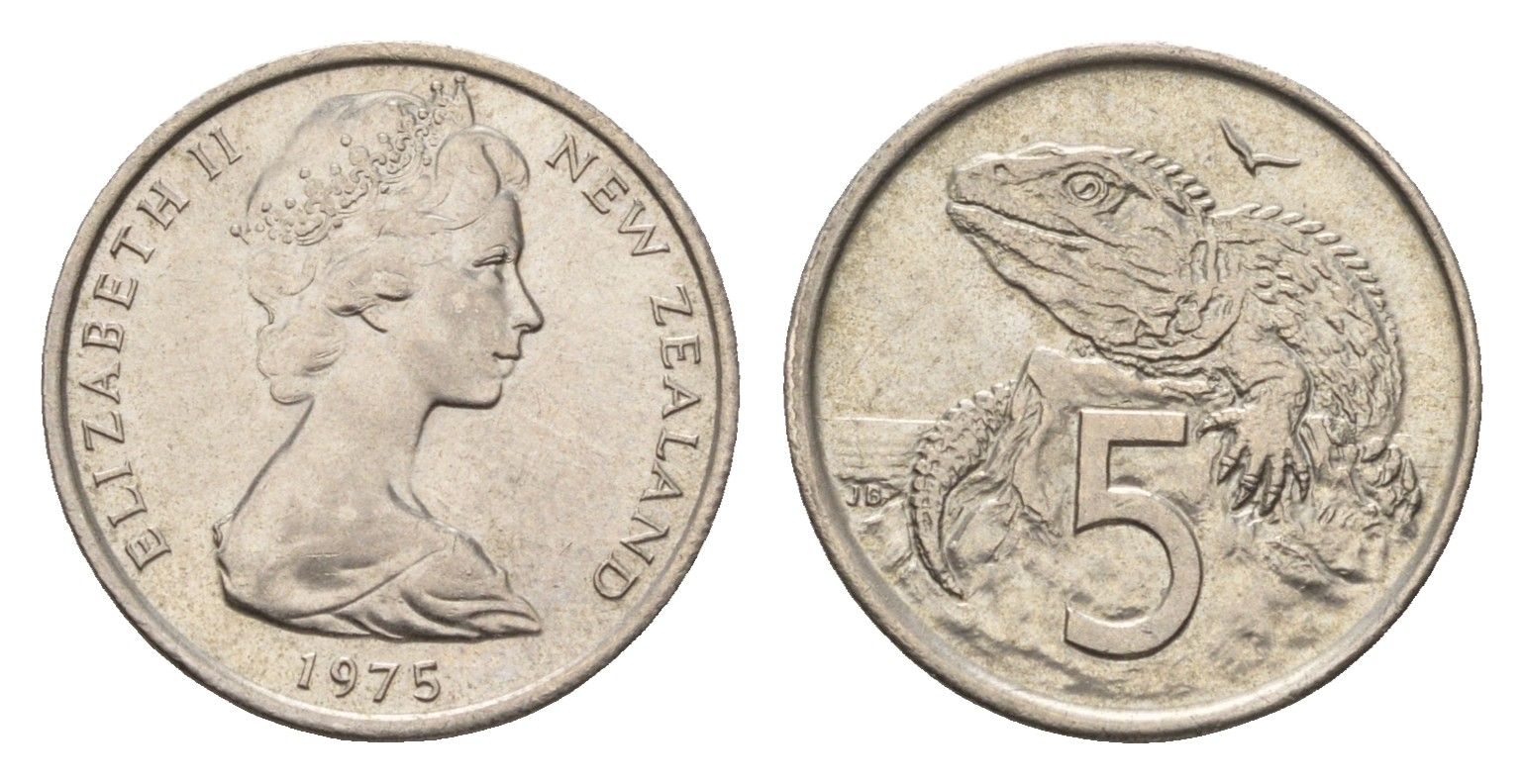 Новая Зеландия 5 центов 1975 Елизавета II (1952-2022), ящерица гаттерия KM 34 медно-никель UNC 4655-254