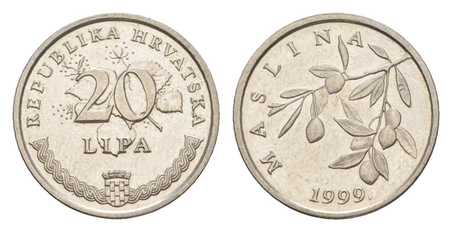 Хорватия 20 лип 1999 олива, нечетный год KM 7 сталь плакированная никелем UNC 3309-829