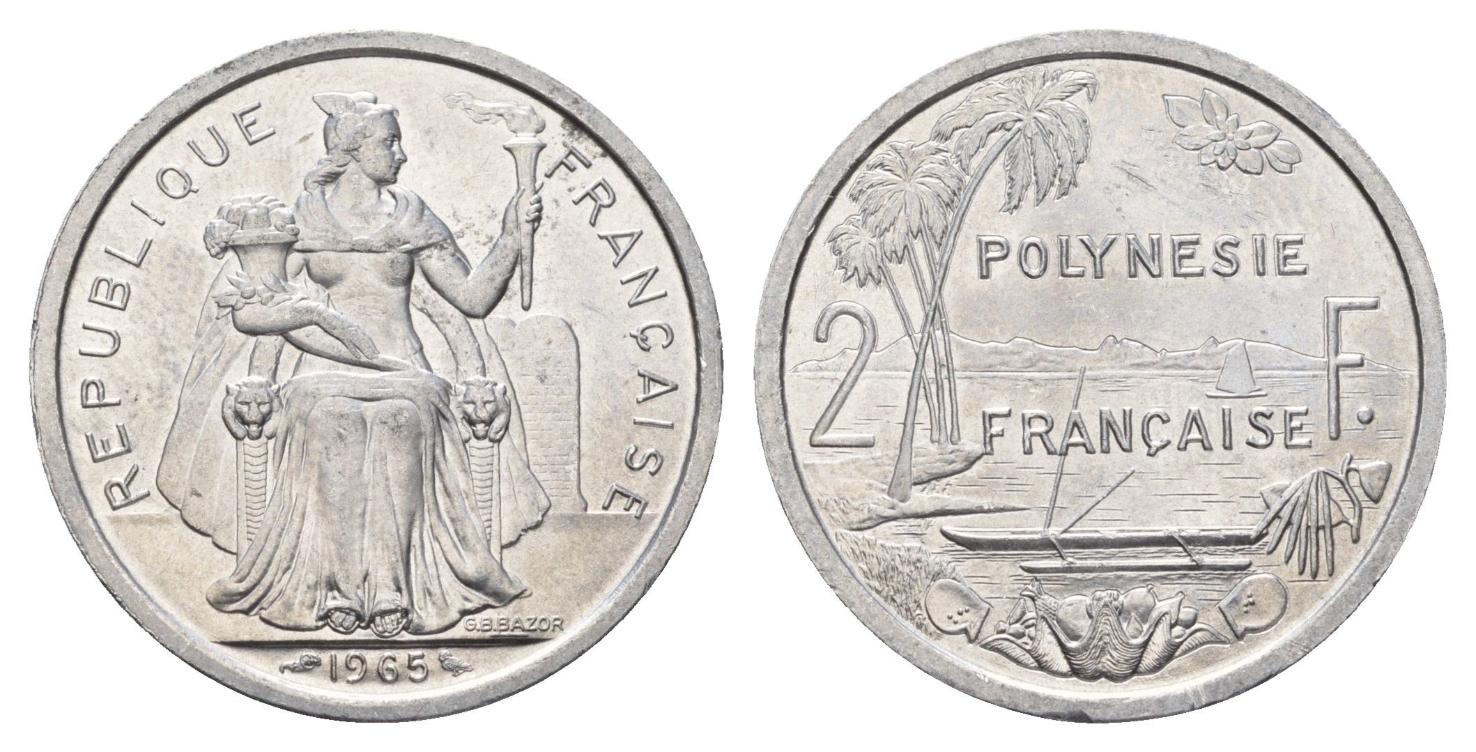 Французская Полинезия 2 франка 1965 год-тип KM 3 алюминий UNC 179-912