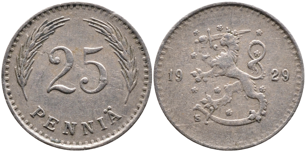 ФИНЛЯНДИЯ 25 ПЕННИ 1929 S KM 25 медно-никель 4387-466