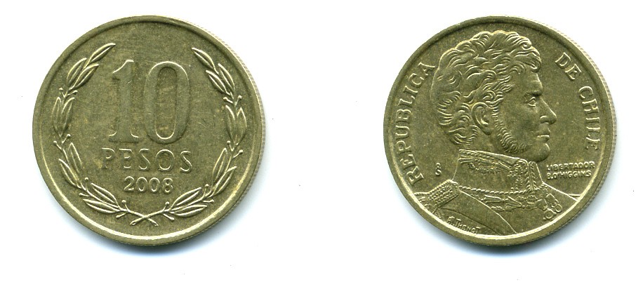 ЧИЛИ 10 ПЕСО 2008 ГЕНЕРАЛ БЕРНАРДО О ХИГГИНС KM 228.2 никель-бронза 37-325
