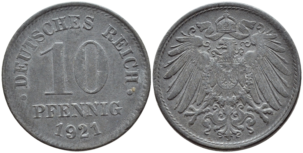 ГЕРМАНИЯ 10 ПФЕННИГОВ 1921 KM 26, J. 299 цинк 4395-1245