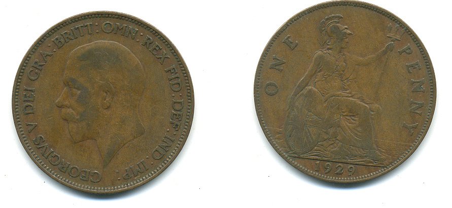 Великобритания 1 пенни 1929 Георг V (1910-1936) KM 838, Spink 4055 бронза 4110-236