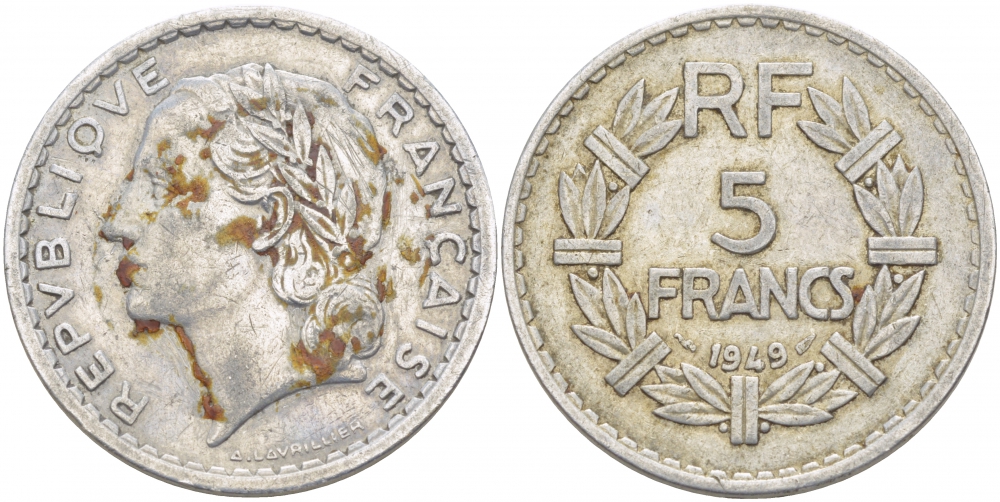 Франция 5 франков 1949 тип Лаврийе KM 888b.1, LE FRANC 339.17 алюминий 4403-313