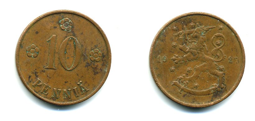 Финляндия 10 пенни 1927 республика (1918-1962) KM 24 медь 46-1551