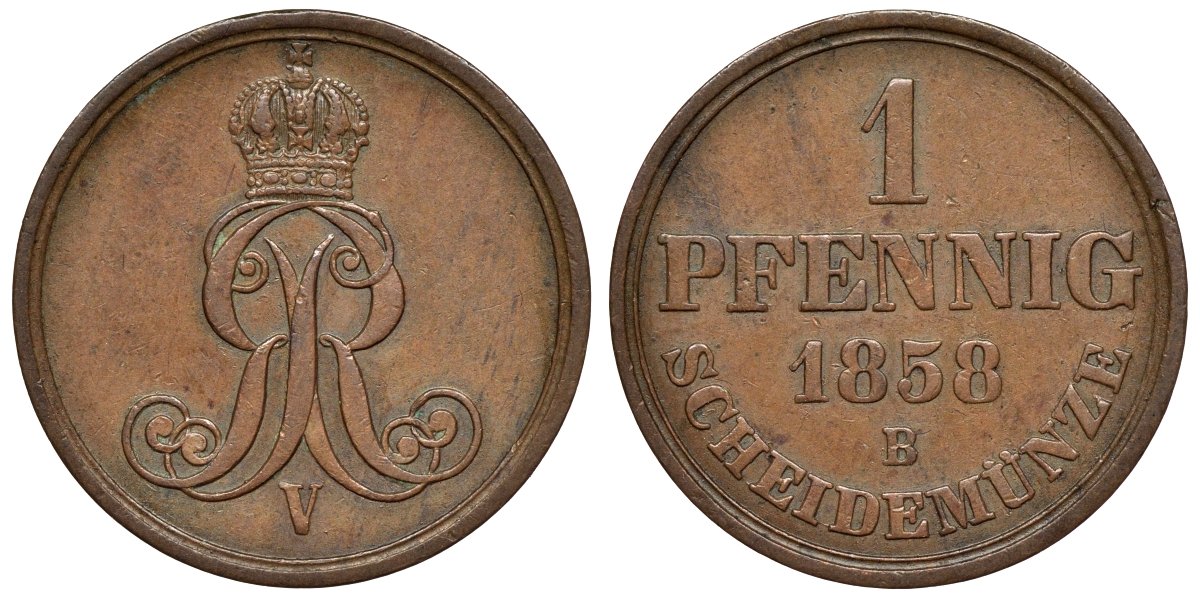 Ганновер 1 пфенниг 1858 B, Георг V KM 233, AKS 156, J. 90 медь 4594-534