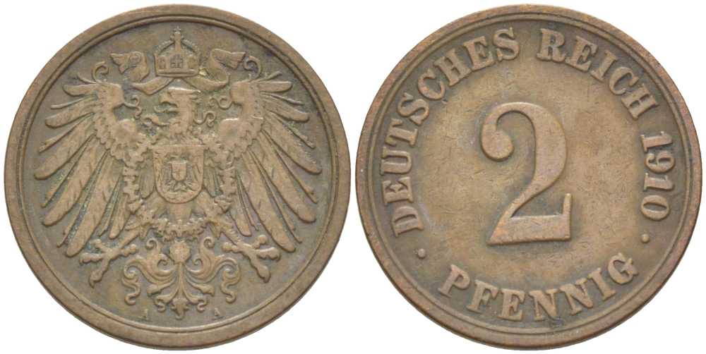 ГЕРМАНИЯ 2 ПФЕННИГА 1910 A KM 16, J. 11, Weege 4 медь 212-341