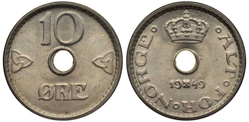 Норвегия 10 эре 1949 Хокон VII (1905-1957) KM 383 медно-никель 4549-957