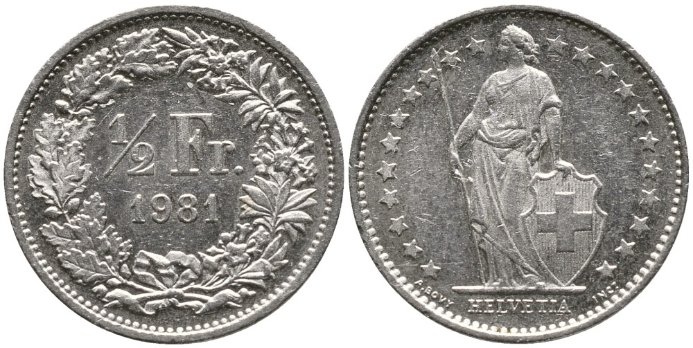 ШВЕЙЦАРИЯ 1/2 ФРАНКА 1981 KM 23а.1 медно-никель 4528-562