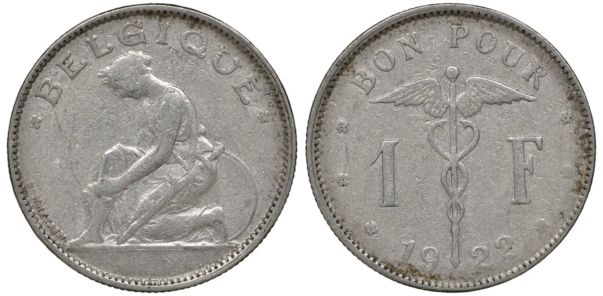 Бельгия 1 франк 1922 Belgique, Альберт I (1910-1934) KM 89 медно-никель 4163-412