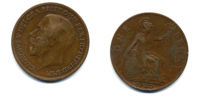 Великобритания 1 пенни 1920 Георг V (1910-1936) КМ 810, Spink 4051 бронза 47-421