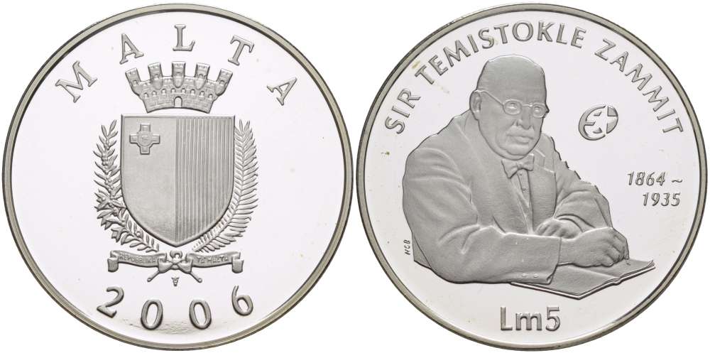Мальта 5 лир 2006 Темистоклес Заммит (Сэр Теми Заммит), археолог, историк, писатель, профессор химии и врач KM 138 серебро PROOF 02-040-11