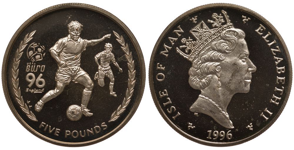 Остров Мэн 5 фунтов 1996 АА, кубок УЕФА по футболу 1996 года в Англии KM 587 вирениум UNC 1078-5-31