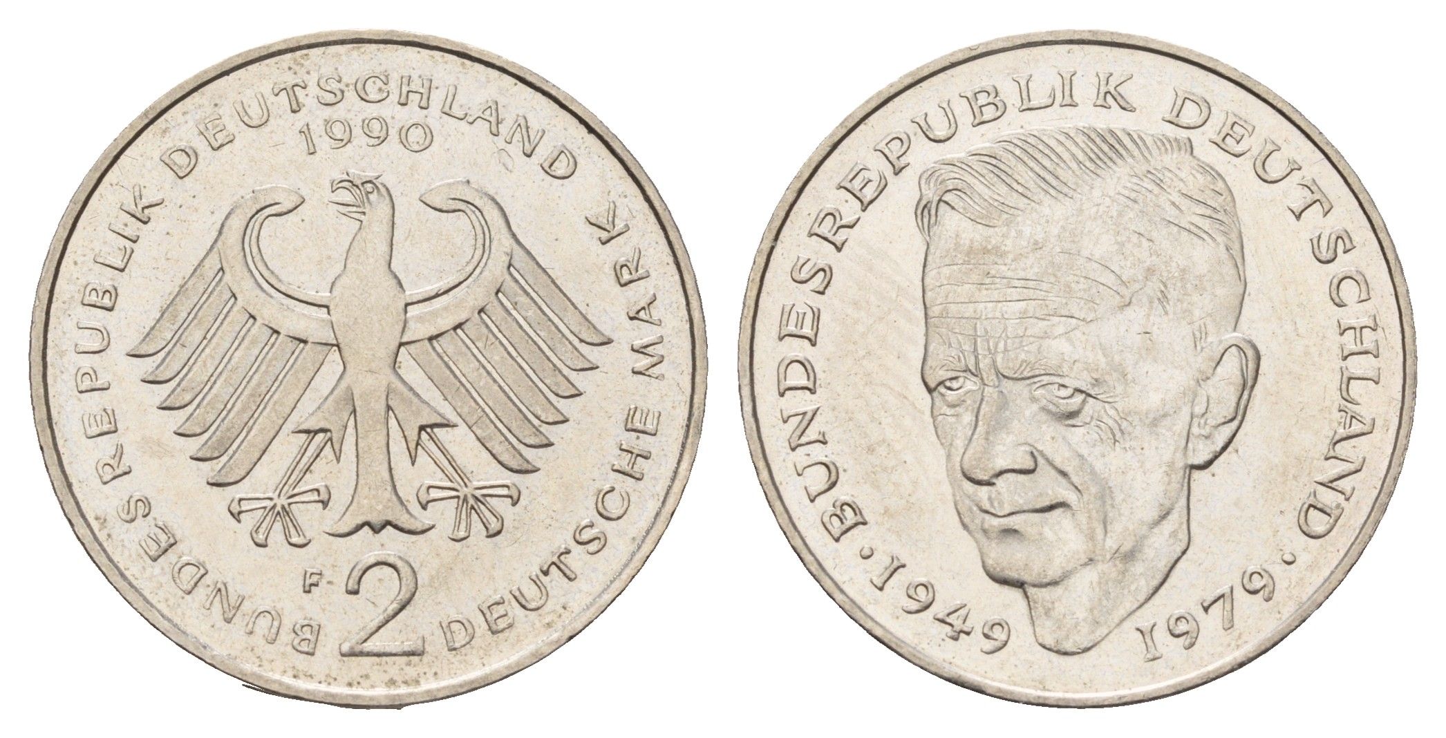 ФРГ 2 марки 1990 F, Курт Шумахер KM 149, J. 424 медно-никель 3459-1014