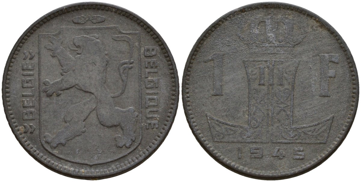 Бельгия 1 франк 1945 Belgie - Belgique, Леопольд III (1934-1947), германская оккупация, Вторая мировая война KM 128 цинк 4161-546