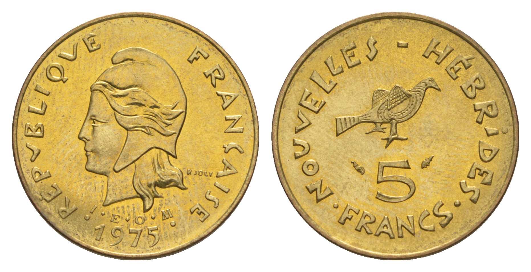 Французские Новые Гебриды 5 франков 1975 заморские территории KM 6.2 медь алюминий никель  aUNC  4641-121
