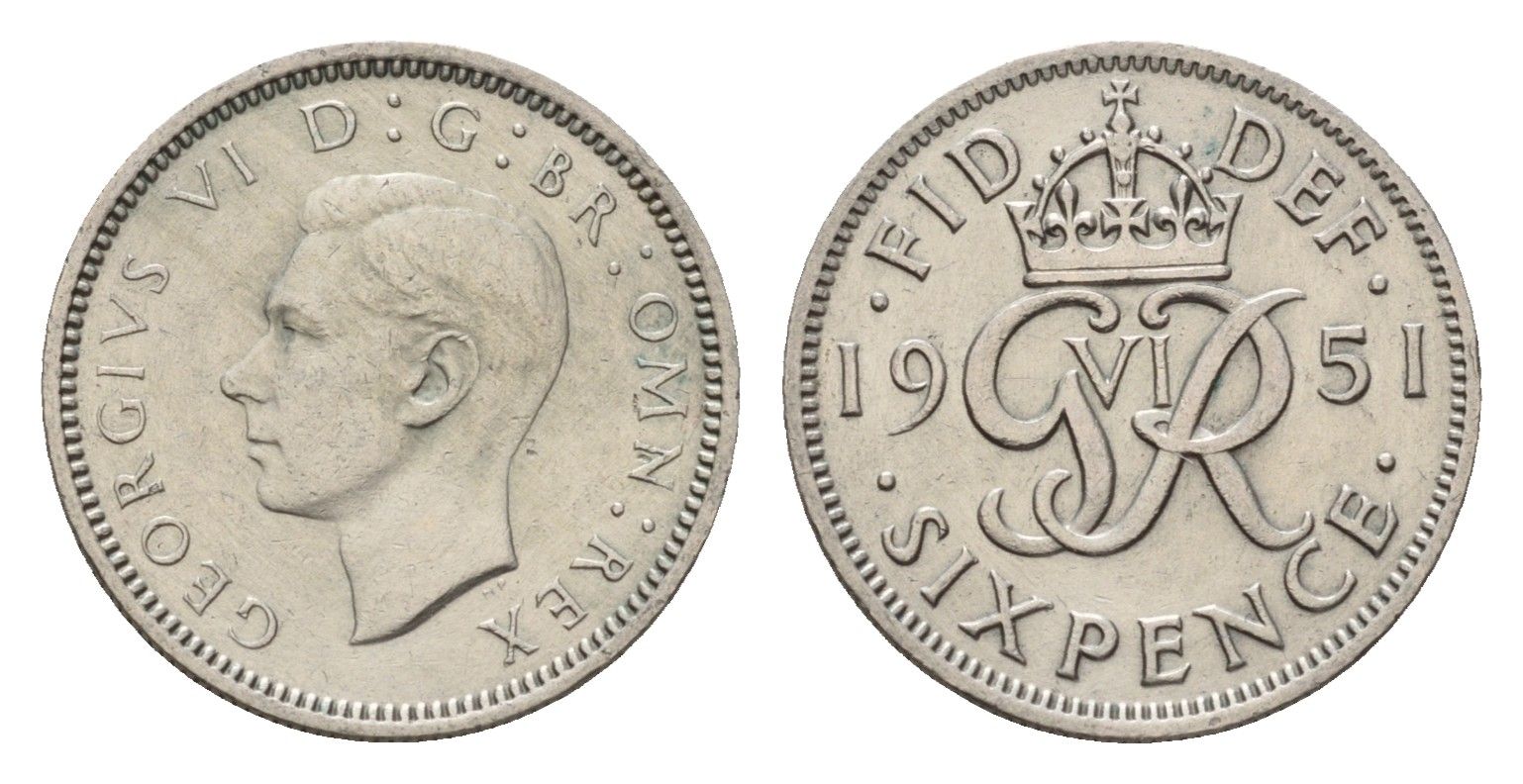 Великобритания 6 пенсов 1951 Георг VI (1936-1952) KM 875, Spink 4110 медно-никель 4651-1057