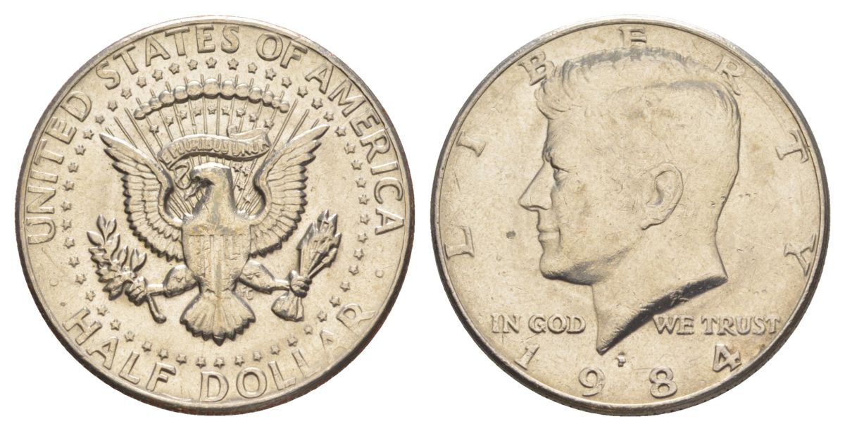 США 1/2 доллара (50 центов) 1984 P, Джон Кеннеди KM A202b медь плакированная медно-никелем aUNC 4517-611