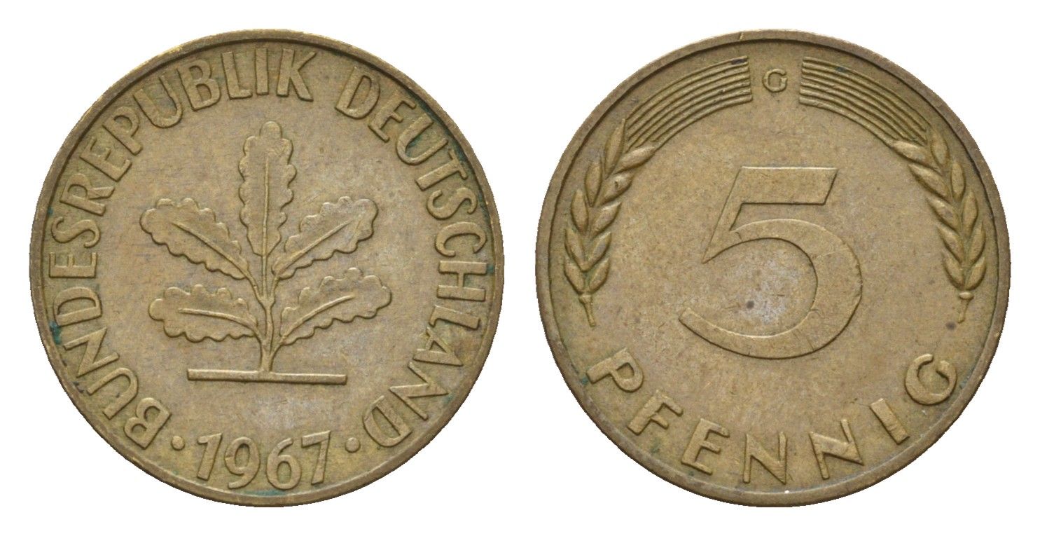 ФРГ 5 пфеннигов 1967 G, редкий монетный двор KM 107, J. 382 сталь плакированная латунью 4685-1039