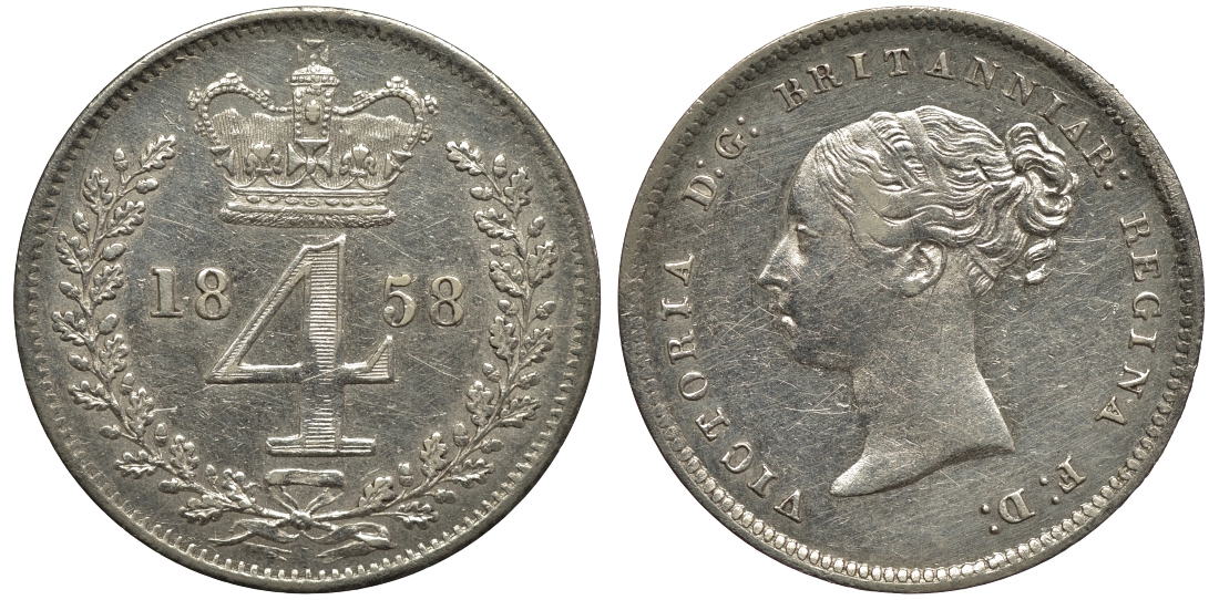 Великобритания 4 пенса 1858 Виктория (1837-1901) KM 732, Spink 3917 серебро aUNC 1524-143