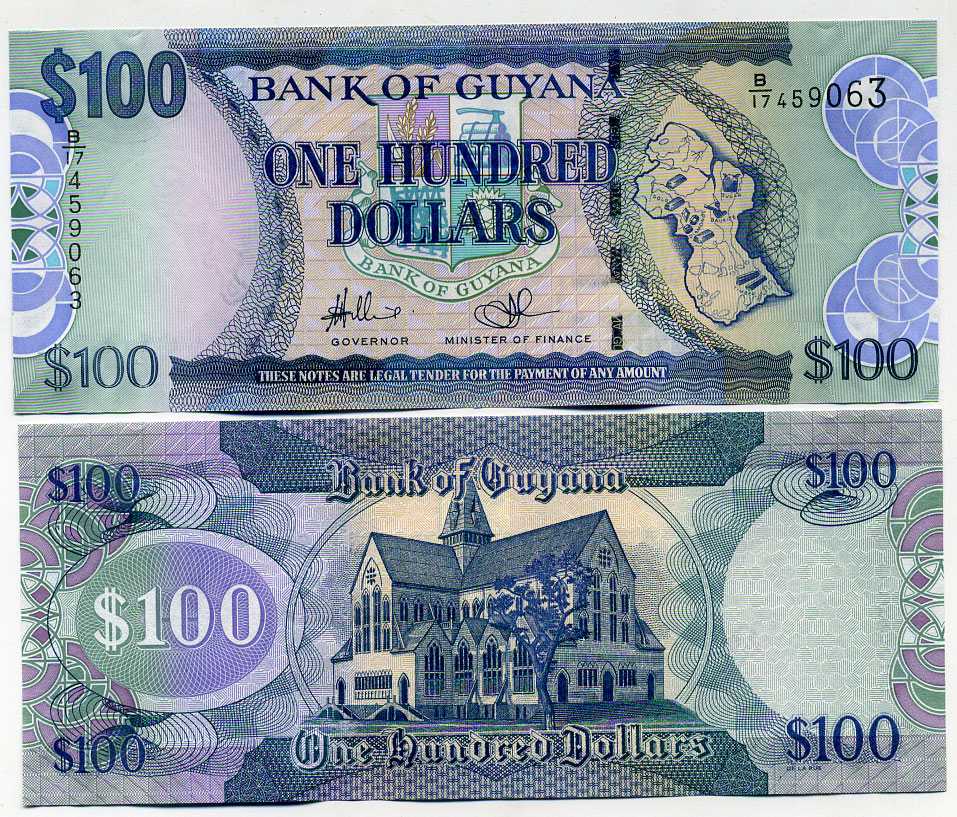 Гайана 100 долларов ND (2009) карта Гайаны, собор Святого Георгия, водяной знак попугай с картой Pick 36 b1 бумага UNC (пресс) 447-74-4-2